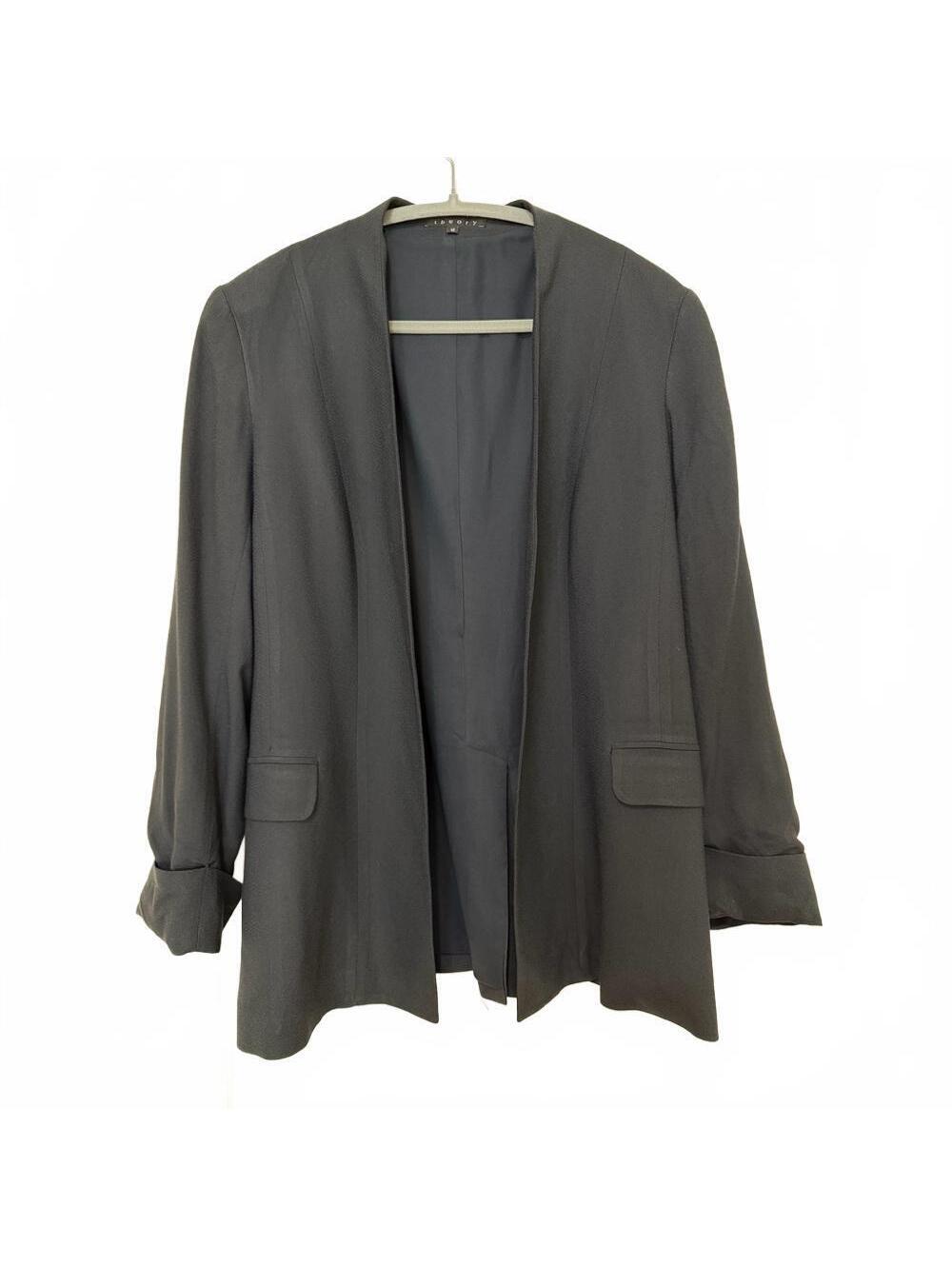 Theory Women’s 12 Black Draped Open Front Blazer Ruched Sleeve Lightweight